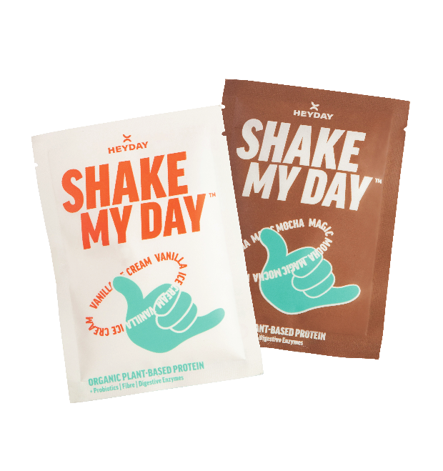 Sachets of Heyday: The new-generation protein shake. Shown in each of the two flavours: Vanilla Ice Cream and Magic Mocha